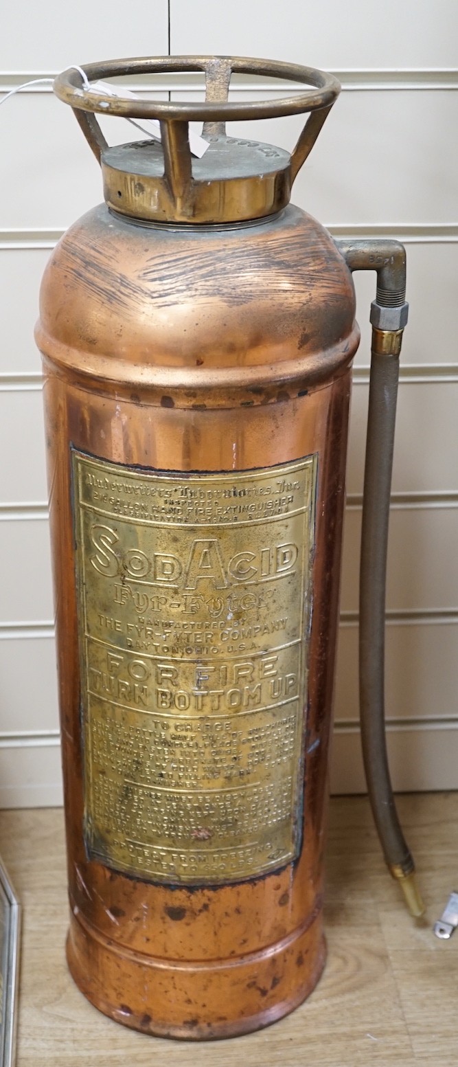 SodAcid extinguisher, in copper with large brass label, 60cms high